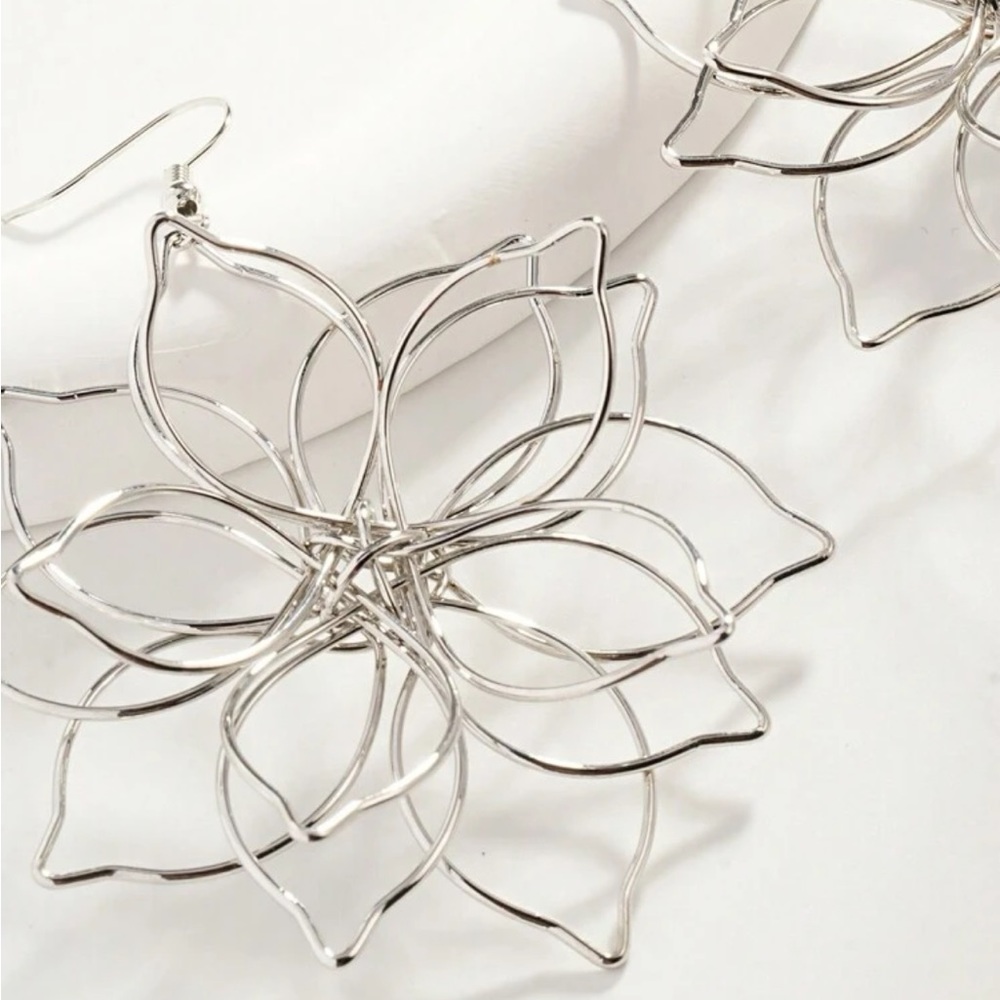 Three Dimensional Silver Flower Drop Earrings